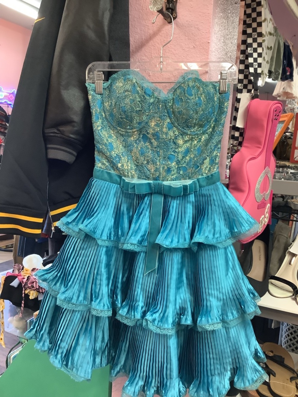Vintage Betsey Johnson Teal Strapless Tiered Ruffle Dress